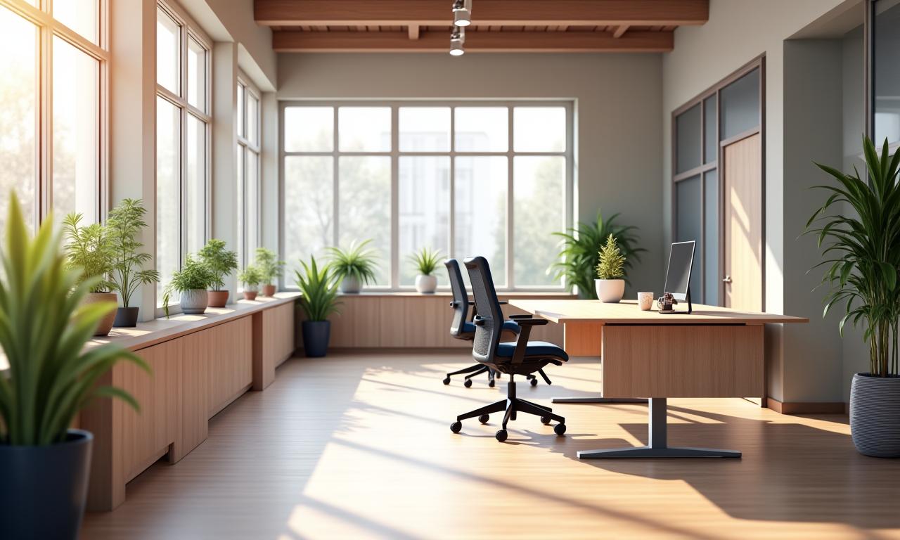 自然光が差し込むモダンなオフィスで、Kaiyo Craftのエルゴノミクスチェアとデスクが設置されている風景