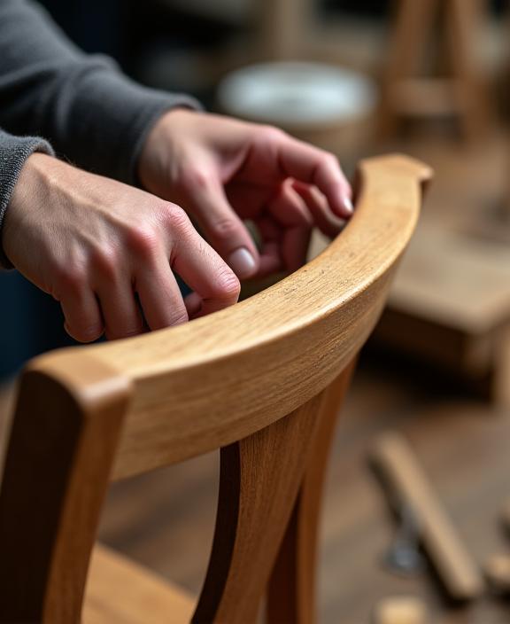 職人がエルゴノミクスチェアの木製アームレストを丁寧に仕上げている様子